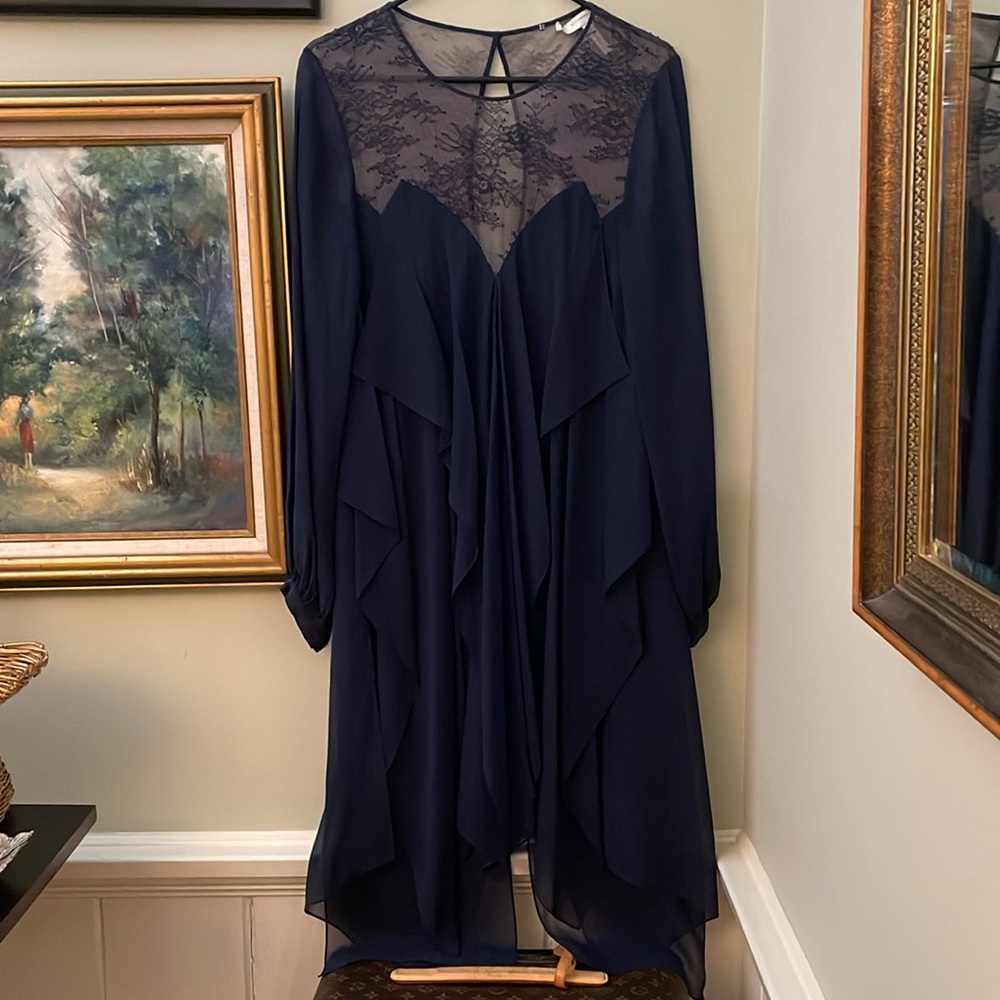 BCBGMAXAZRIA RUNWAY Madalin Dark Midnight Navy Blue Lace Silk Gown Dress S Small